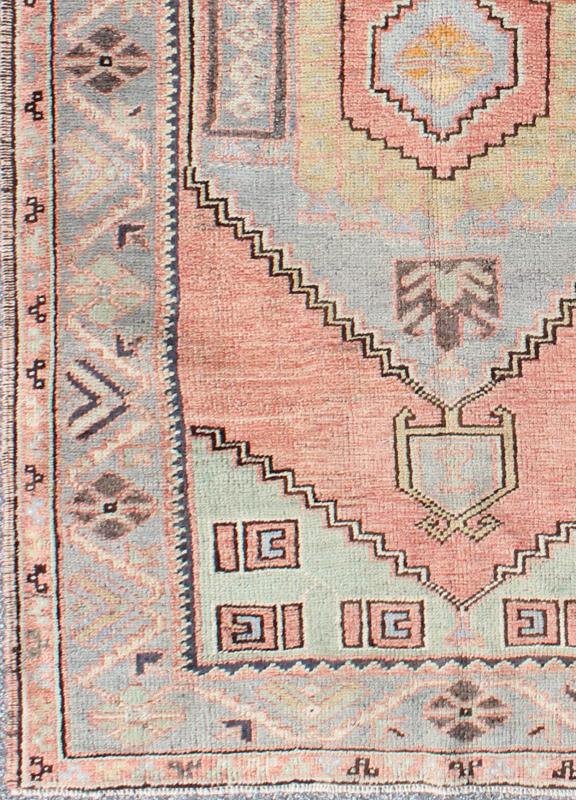 Vintage Turkish Oushak Medallion Rug in Salmon, Light Green, Gray & Light Blue Measures: 3'2 x 6'3. Turkish Tribal Vintage Oushak with Medallion. Keivan Woven Arts, rug/EN - 142854, origin/turkey, vintage Oushak. This beautiful rug... - Keivan Woven ArtsEN - 142854 - 8337Rug
