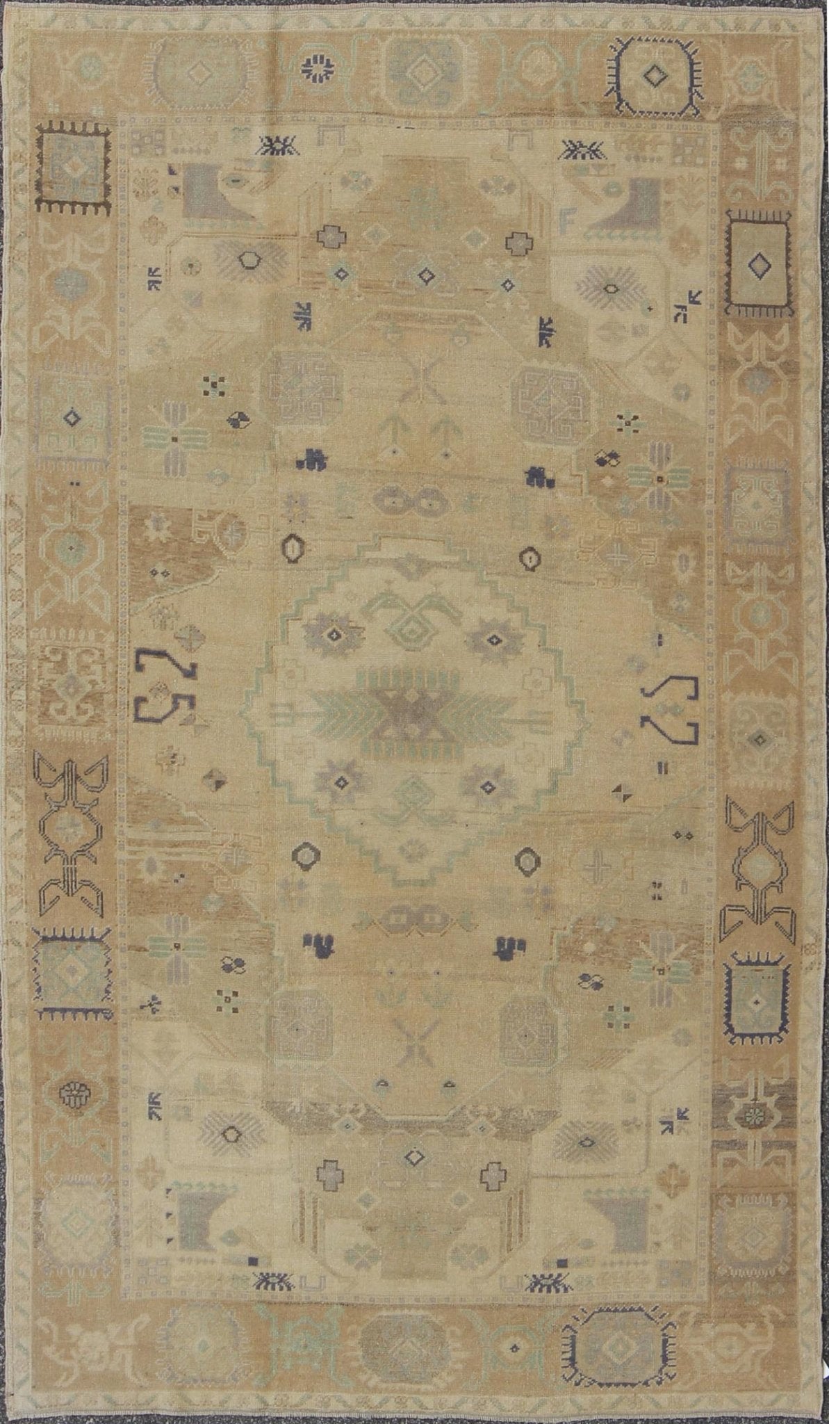 Vintage Turkish Oushak This stunning Turkish Oushak features an open, large - scale, geometric design on taupe and tan background with muted blues and a brown outlines. Measures: 5'6 x 9'3. - Keivan Woven ArtsEN - 142894 - 8074Rug