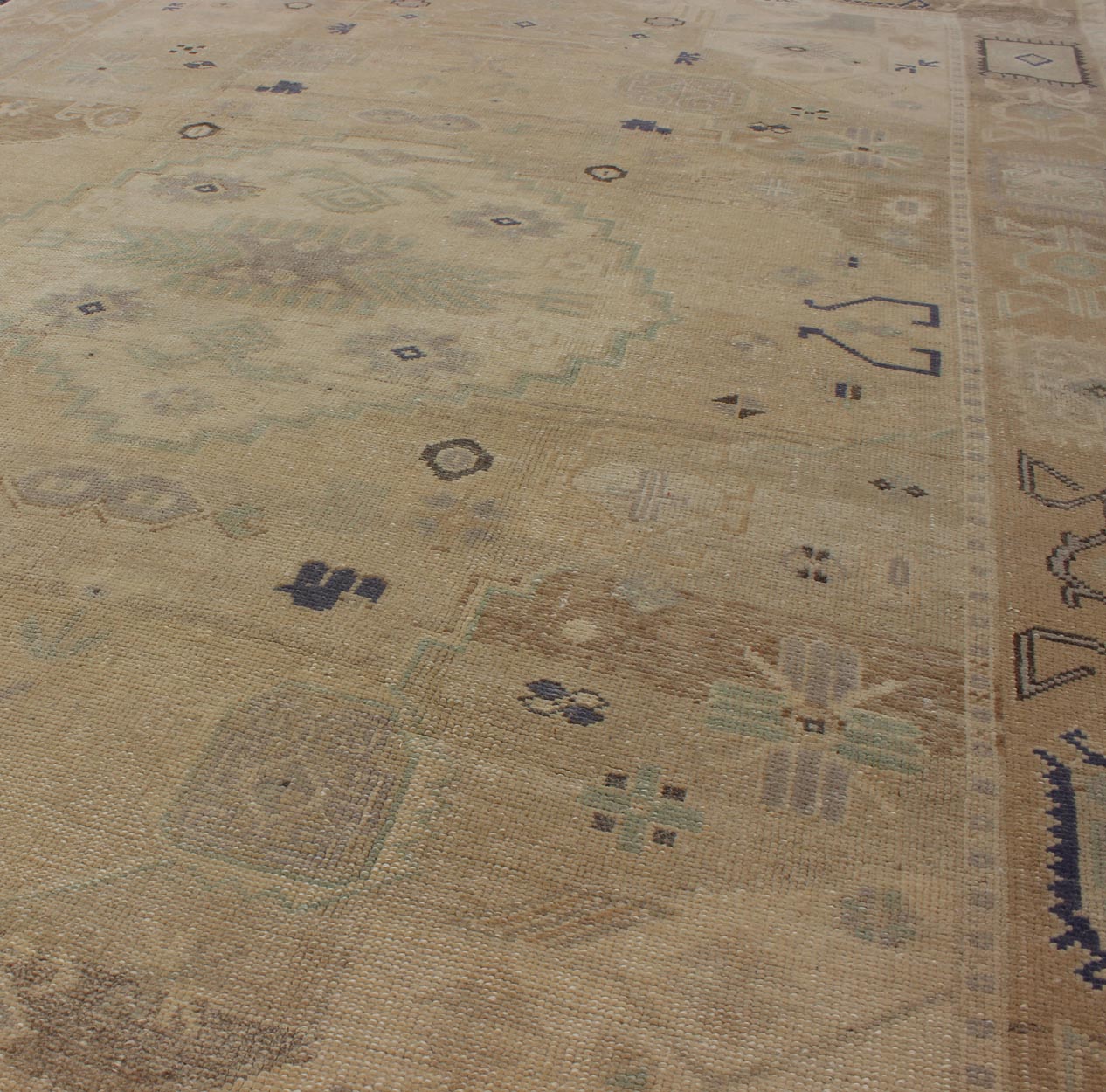 Vintage Turkish Oushak This stunning Turkish Oushak features an open, large - scale, geometric design on taupe and tan background with muted blues and a brown outlines. Measures: 5'6 x 9'3. - Keivan Woven ArtsEN - 142894 - 8074Rug
