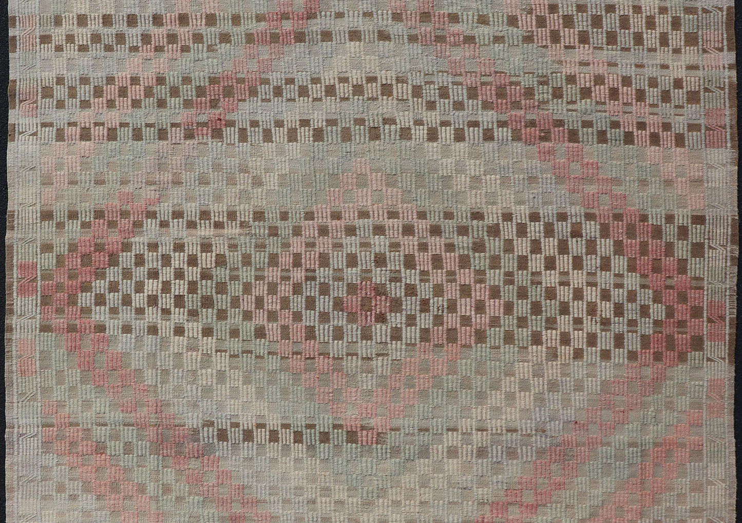 Vintage Turkish Embroidered Flat Weave with Soft Colors in Diamond Design. Hand - Woven Turkish Kilim Rug with Sub - Geometric Diamond Design, Keivan Woven Arts; rug EN - 14325, country of origin / type: Iran / Kilim, circa 1950. Measures: 7'6 x 9'3 T... - Keivan Woven ArtsEN - 14325 - 22740Rug