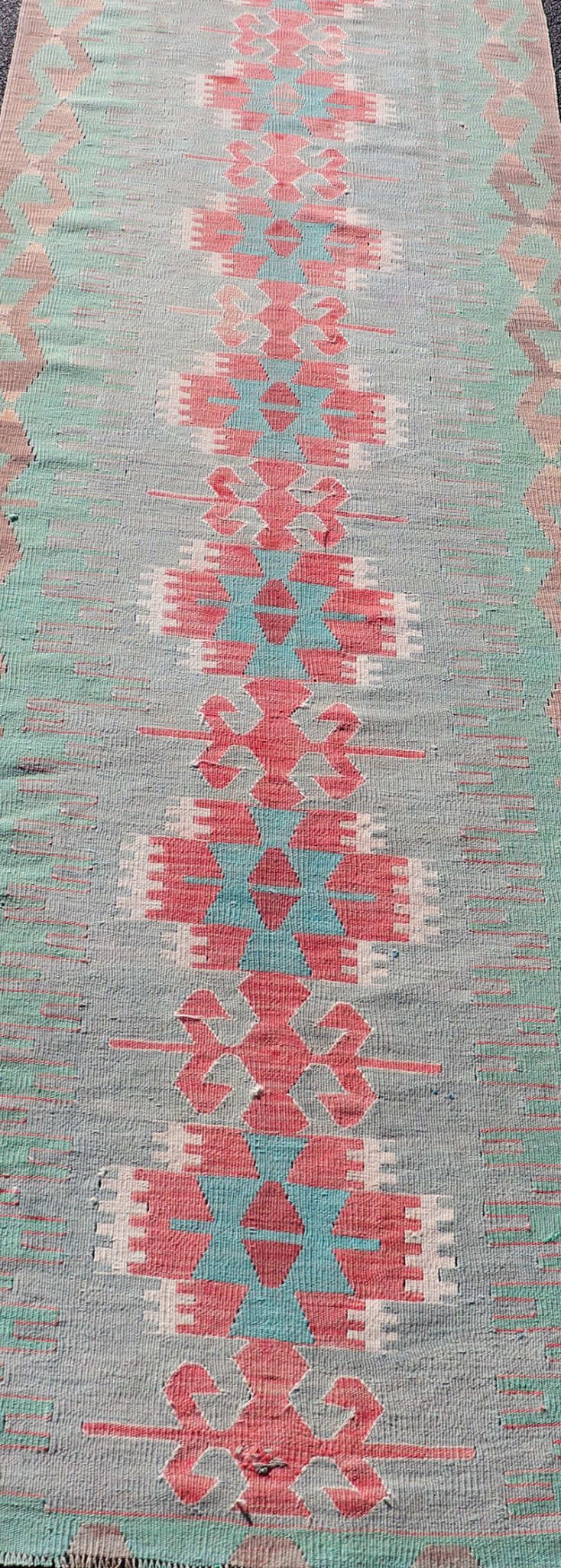 Measures: 2'11 x 11'8 Geometric Medallion Vintage Turkish Tribal Kilim Flat - Weave Runner. Keivan Woven Arts / rug EN - 14346, country of origin / type: Turkey / Kilim, circa 1950 This turkish kilim runner from Turkey features geometric medalli... - Keivan Woven ArtsEN - 14346 - 22590Rug
