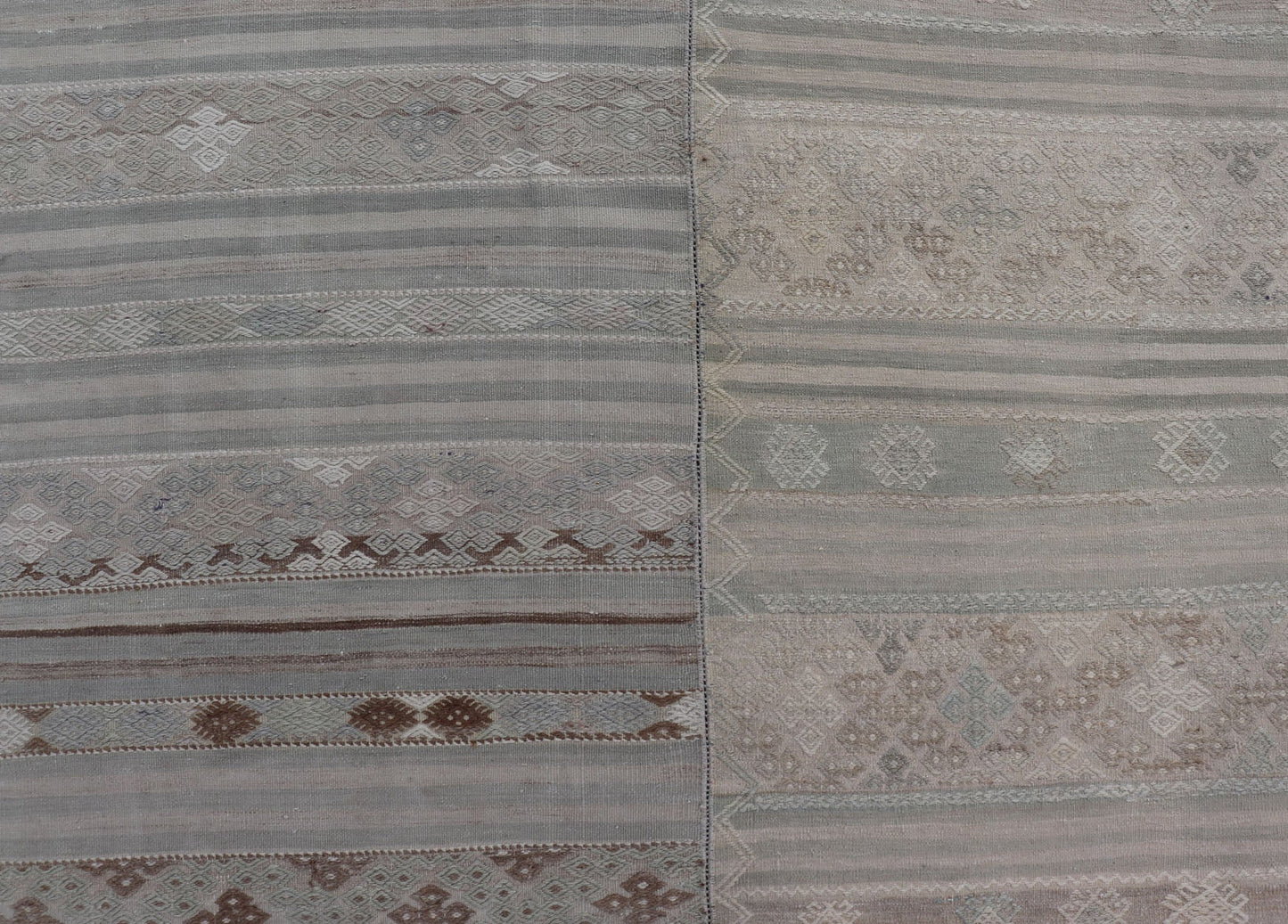 Measures: 10'7 x 16'7 Vintage Neutral Paneled Kilim Flat - Weave in Neutral Muted Tones. Keivan Woven Arts /rug / EN - 14413, country of origin / type: Turkey / Kilim 1950s Large Vintage Hand Woven neutral paneled Kilim flat - weave. This vintage ... - Keivan Woven ArtsEN - 14413 - 22746Rug