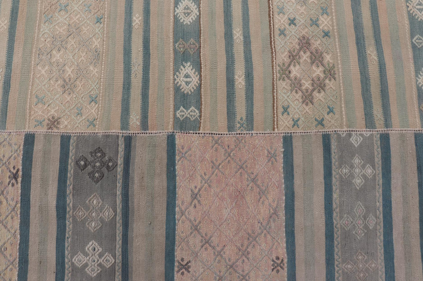Large Vintage Paneled Kilim Flat - Weave in Blue, Pink, Taupe, Gray, Light brown, Keivan Woven Arts /rug / EN - 14433, country of origin / type: Turkey / Kilim 1950s Measures: 11'5 x 17'0 Large Vintage Hand Woven neutral paneled Kilim flat - weave. Th... - Keivan Woven ArtsEN - 14433 - 23959Rug