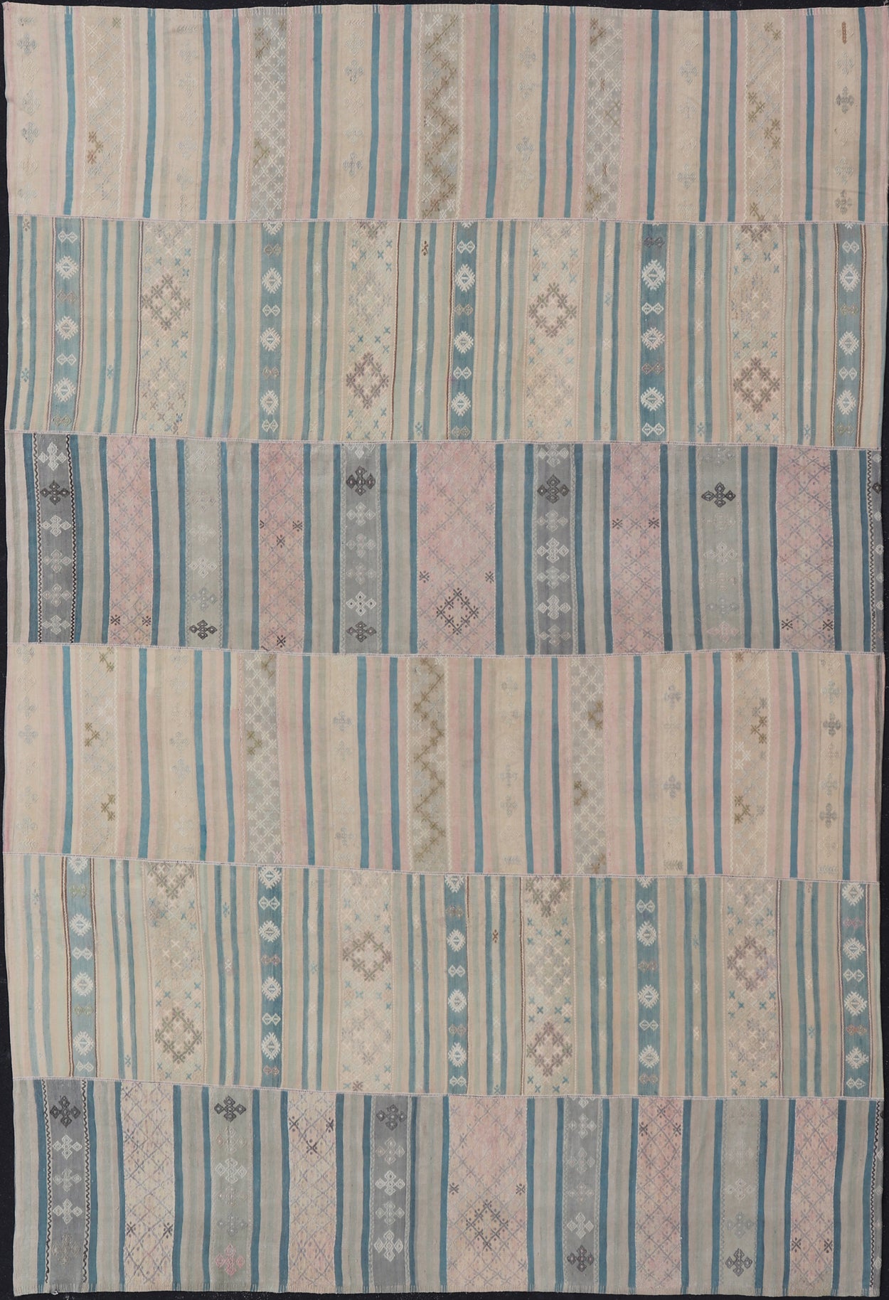 Large Vintage Paneled Kilim Flat - Weave in Blue, Pink, Taupe, Gray, Light brown, Keivan Woven Arts /rug / EN - 14433, country of origin / type: Turkey / Kilim 1950s Measures: 11'5 x 17'0 Large Vintage Hand Woven neutral paneled Kilim flat - weave. Th... - Keivan Woven ArtsEN - 14433 - 23959Rug