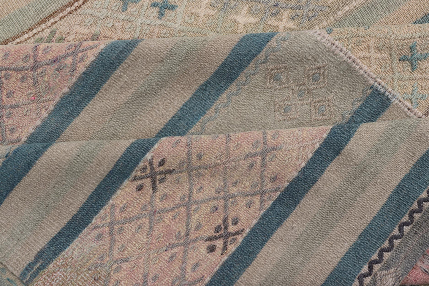 Large Vintage Paneled Kilim Flat - Weave in Blue, Pink, Taupe, Gray, Light brown, Keivan Woven Arts /rug / EN - 14433, country of origin / type: Turkey / Kilim 1950s Measures: 11'5 x 17'0 Large Vintage Hand Woven neutral paneled Kilim flat - weave. Th... - Keivan Woven ArtsEN - 14433 - 23959Rug