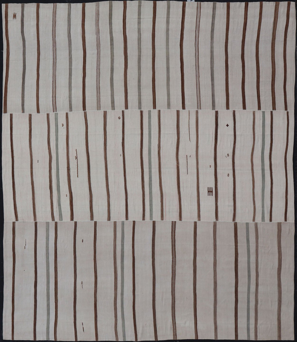 Measures: 13'7 x 15'7 Large Turkish Vintage Flat - Weave in Light Brown and Cream with Stripe Design. Keivan Woven Arts / rug EN - 14462, country of origin / type: Turkey / Kilim, circa 1950 This vintage striped design Turkish Kilim rendered in shade... - Keivan Woven ArtsEN - 14462 - 22764Rug
