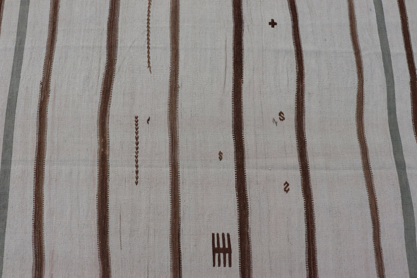 Measures: 13'7 x 15'7 Large Turkish Vintage Flat - Weave in Light Brown and Cream with Stripe Design. Keivan Woven Arts / rug EN - 14462, country of origin / type: Turkey / Kilim, circa 1950 This vintage striped design Turkish Kilim rendered in shade... - Keivan Woven ArtsEN - 14462 - 22764Rug