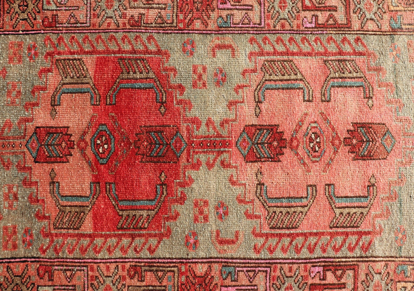 Measures: 3'1 x 6'4 Antique Persian Hamadan Rug with Colorful Geometric Medallion's With Light Green Keivan Woven Arts / rug EN - 14482, country of origin / type: Iran / Hamadan, circa 1930. This antique Persian Hamadan rug (circa early 20th ce... - Keivan Woven ArtsEN - 14482 - 22596Rug