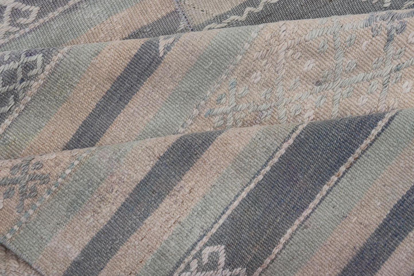 Paneled Vintage Turkish Stripe Kilim in Gray Blue, Green, and Earthy Tones. Keivan Woven Arts - Rug EN - 14496, country of origin / type: Turkey / Kilim, circa 1950 Measures: 9'8 x 11'5 Woven during the mid - 20th century in Turkey, this Kilim is dec... - Keivan Woven ArtsEN - 14496 - 23762Rug