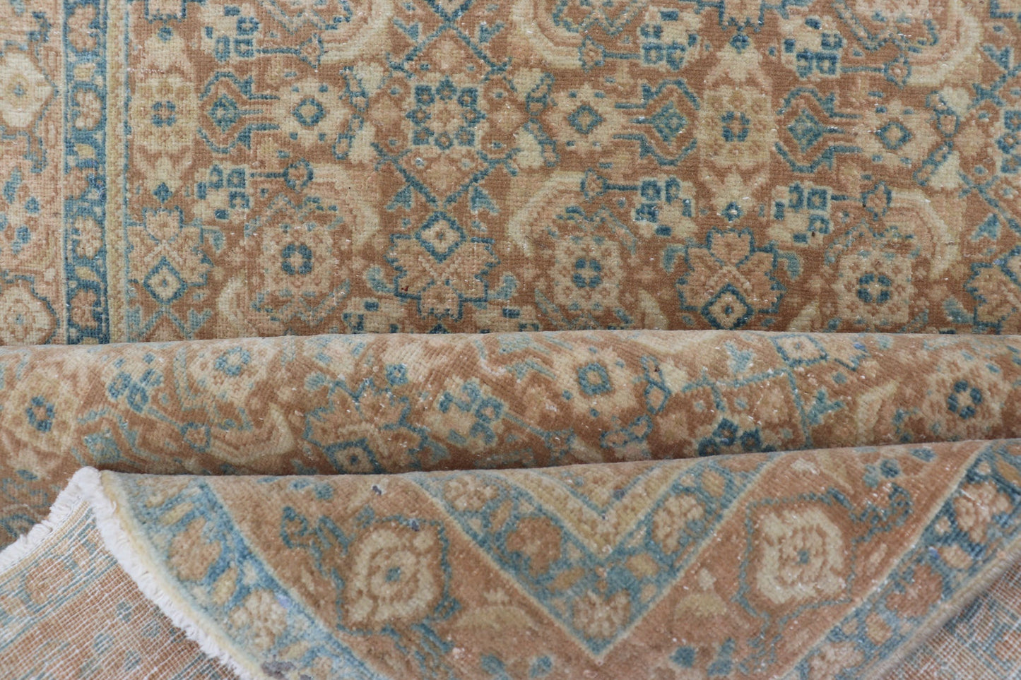 Measures: 3'4 x 11'0 Vintage Persian Tabriz Runner with All - Over Floral Design in Tan and Blue. Keivan Woven Arts / rug EN - 14502, country of origin/ type: Iran / Tabriz, circa 1950 This Persian runner with a sophisticated, all - over design fe... - Keivan Woven ArtsEN - 14502 - 23042Rug