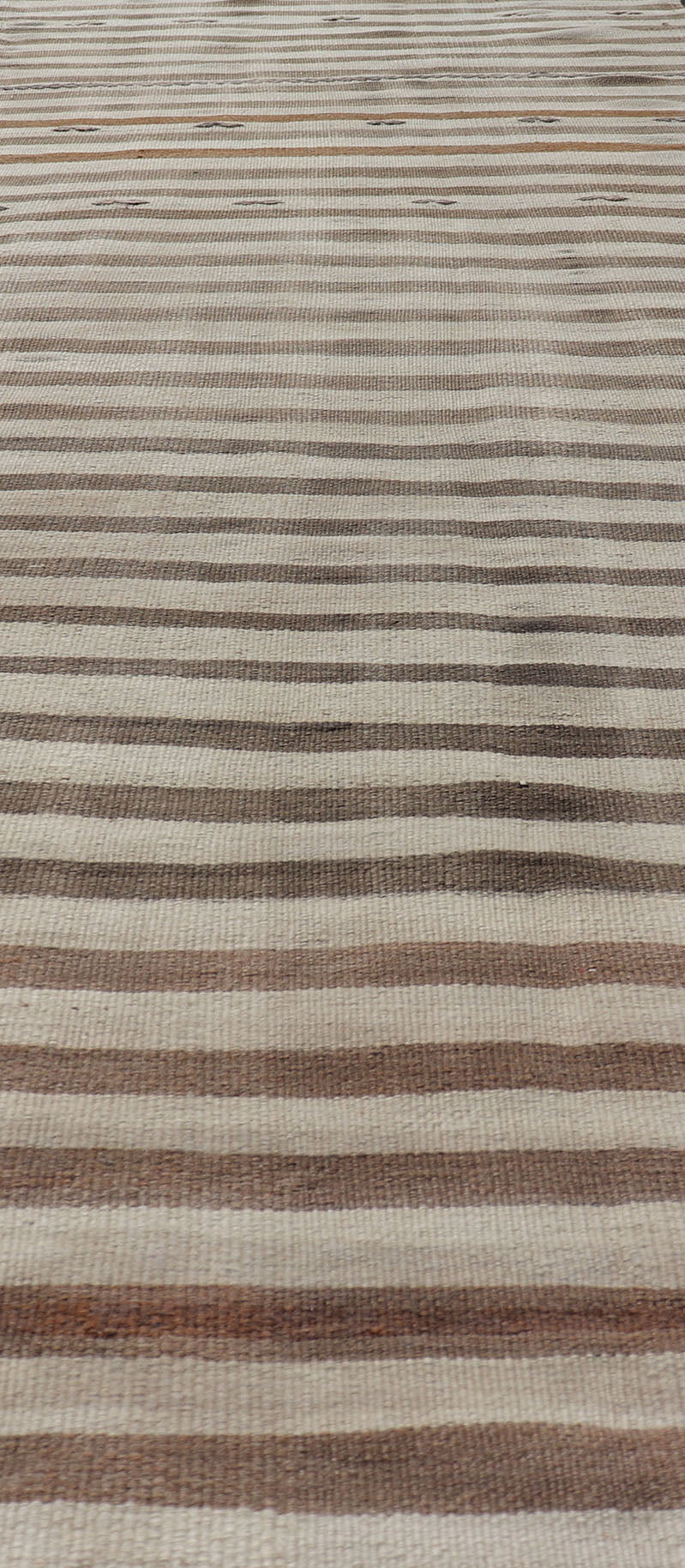 Measures: 3'0 x 11'1 Turkish Long Vintage Natural Kilim with Stripes in Ivory, Taupe and Brown. Keivan Woven Arts / rug EN - 14576, country of origin / type: Turkey / Kilim, circa Mid - 20th Century. This flat - woven Kilim runner from Turkey featu... - Keivan Woven ArtsEN - 14576 - 22794Rug
