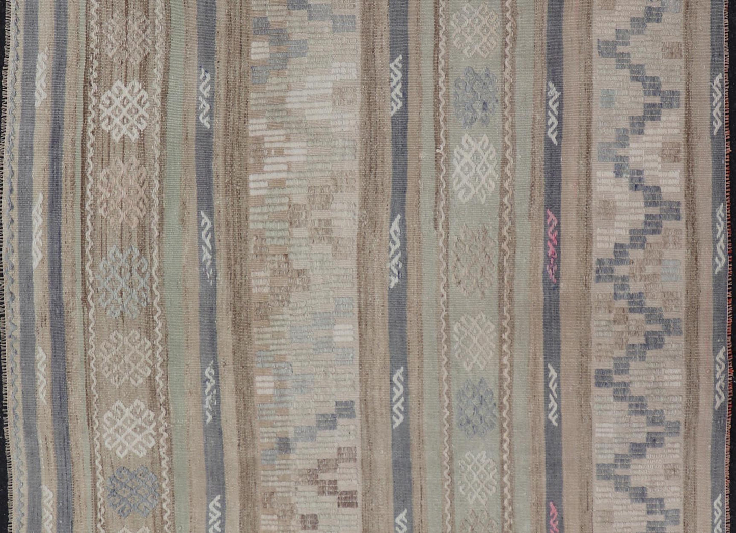 This flat - woven Kilim from Turkey features an enticing composition consisting of stripes with fascinating geometric designs rendered in natural tones of brown and gray, as well as some light green shades. Vintage Kilim with Stripes and Geometri... - Keivan Woven ArtsEN - 14668 - 23971Rug