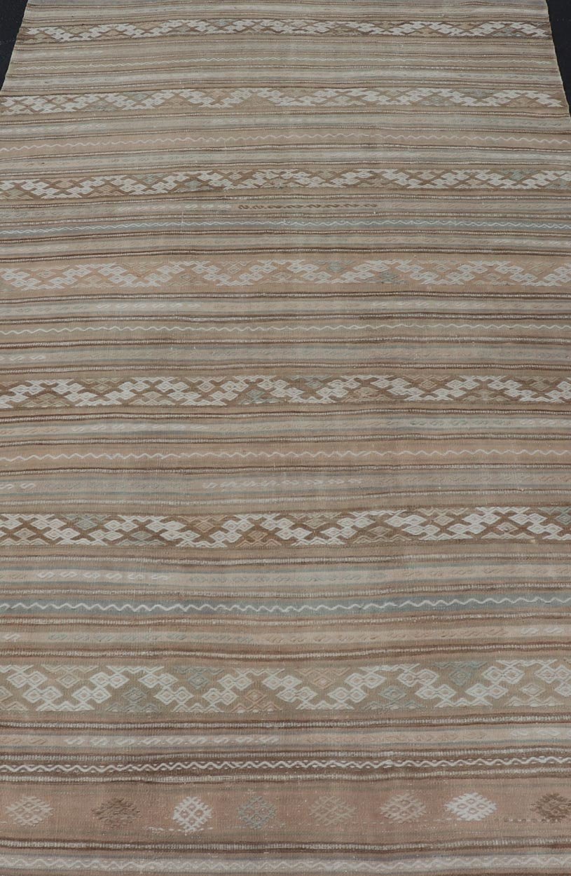 Vintage Turkish Flat - Weave Striped Kilim in Taupe, Cream, and Light Brown. Keivan Woven Arts / rug EN - 14683, country of origin / type: Turkey / Kilim, circa 1950. Measures: 5'0 x 9'4 This vintage flat - woven Kilim runner features a minimalist des... - Keivan Woven ArtsEN - 14683 - 23977Rug