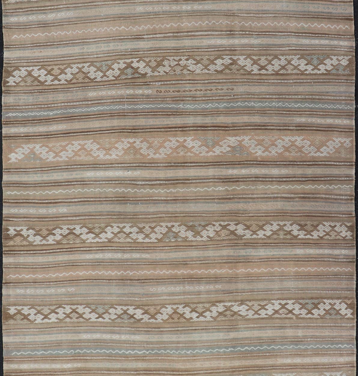 Vintage Turkish Flat - Weave Striped Kilim in Taupe, Cream, and Light Brown. Keivan Woven Arts / rug EN - 14683, country of origin / type: Turkey / Kilim, circa 1950. Measures: 5'0 x 9'4 This vintage flat - woven Kilim runner features a minimalist des... - Keivan Woven ArtsEN - 14683 - 23977Rug