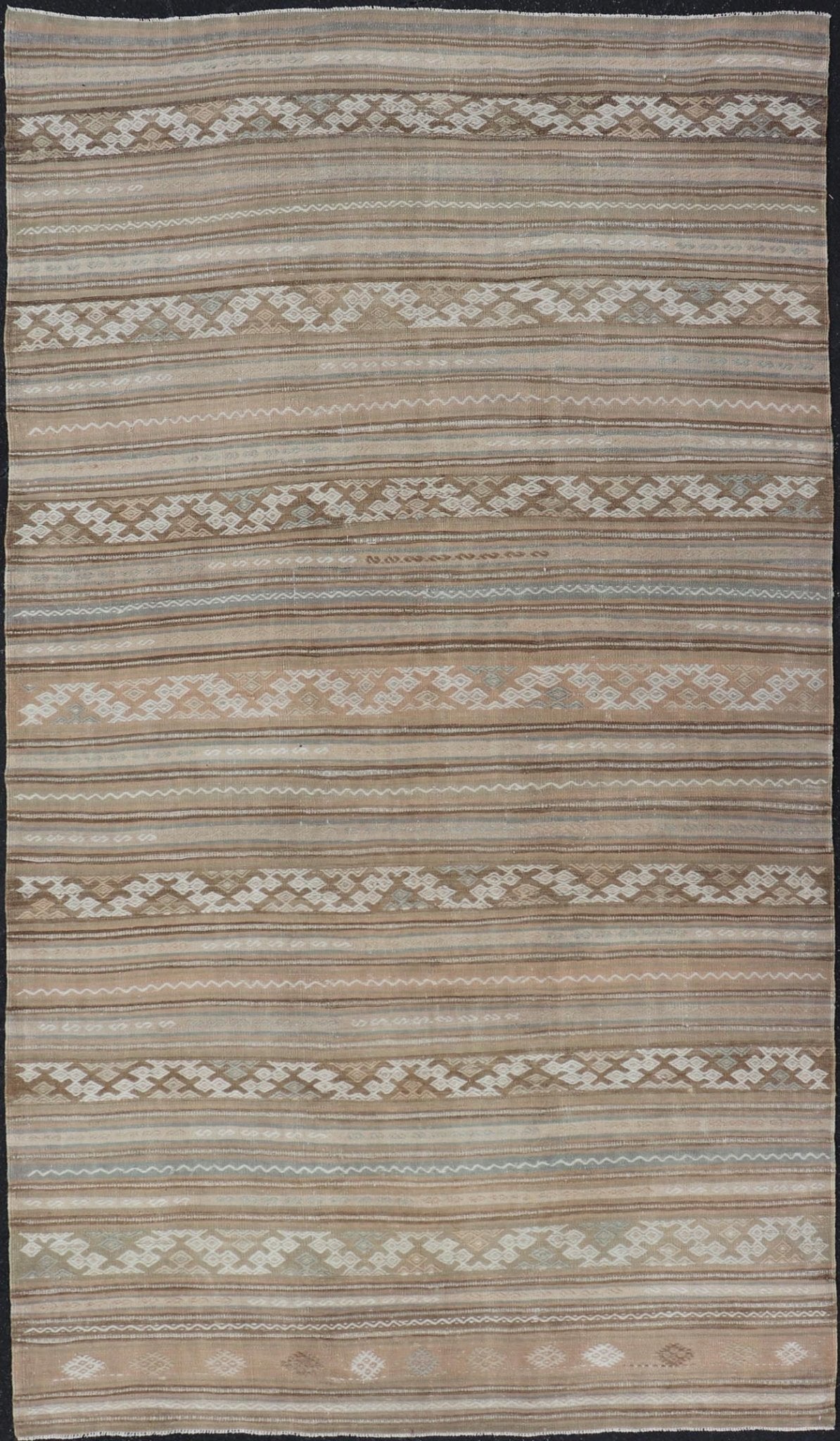Vintage Turkish Flat - Weave Striped Kilim in Taupe, Cream, and Light Brown. Keivan Woven Arts / rug EN - 14683, country of origin / type: Turkey / Kilim, circa 1950. Measures: 5'0 x 9'4 This vintage flat - woven Kilim runner features a minimalist des... - Keivan Woven ArtsEN - 14683 - 23977Rug