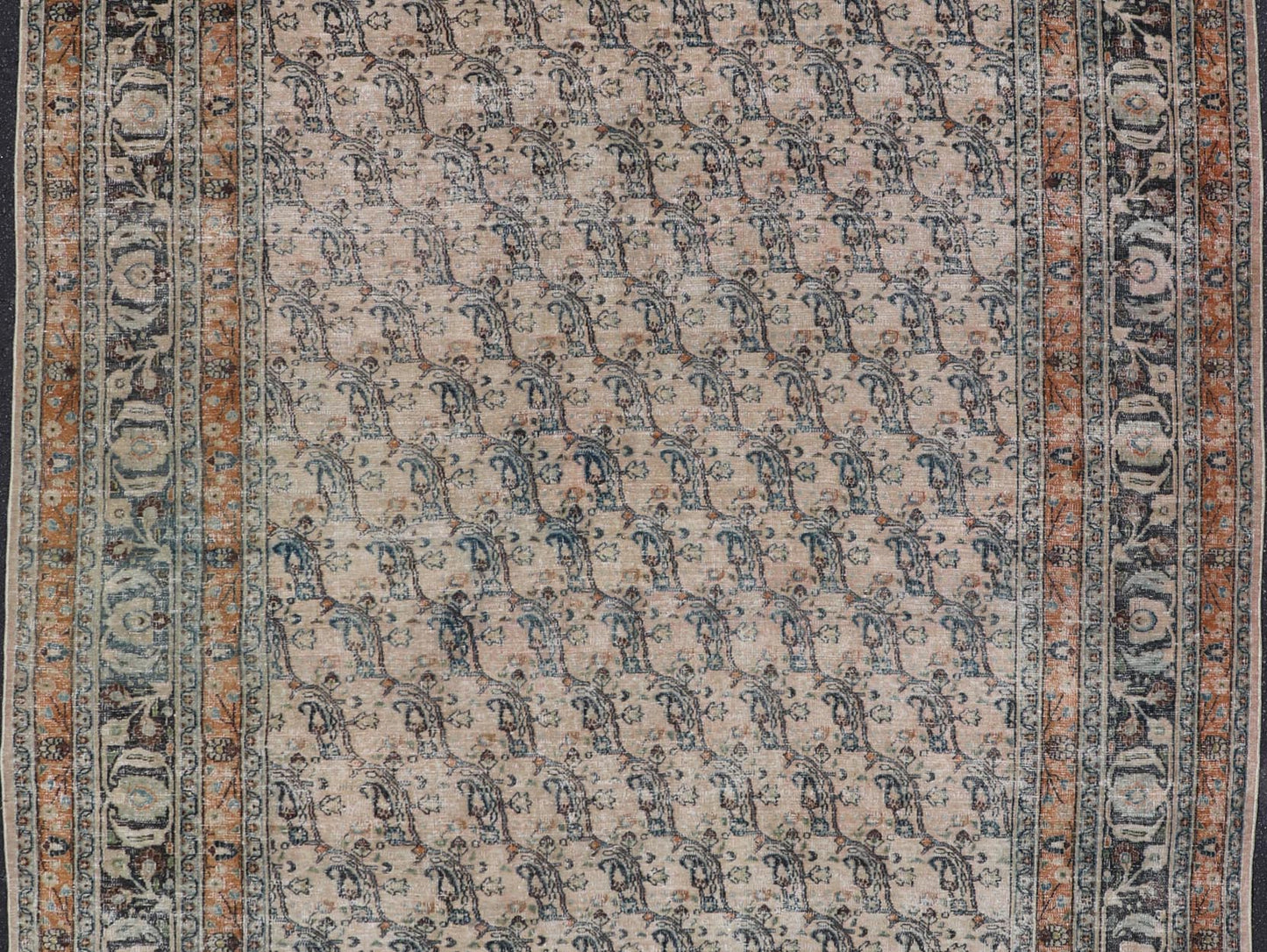 Antique Persian Khorassan Rug with Paisley's In Sub - Geometric Design with Blue. Keivan Woven Arts rug/EN - 14725, origin/ Iran / Khorassan. Measures: 8'0 x 10'10 This spectacular antique finely woven distressed Persian Khorasan from early 20th ce... - Keivan Woven ArtsEN - 14725 - 24754Rug