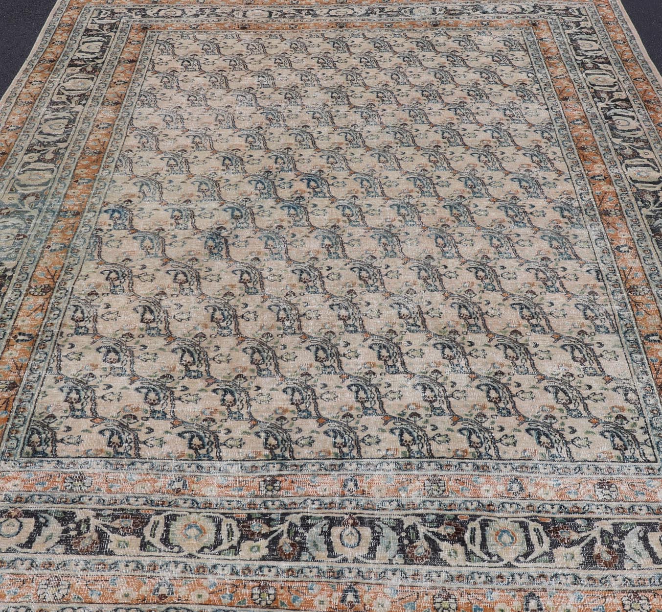 Antique Persian Khorassan Rug with Paisley's In Sub - Geometric Design with Blue. Keivan Woven Arts rug/EN - 14725, origin/ Iran / Khorassan. Measures: 8'0 x 10'10 This spectacular antique finely woven distressed Persian Khorasan from early 20th ce... - Keivan Woven ArtsEN - 14725 - 24754Rug