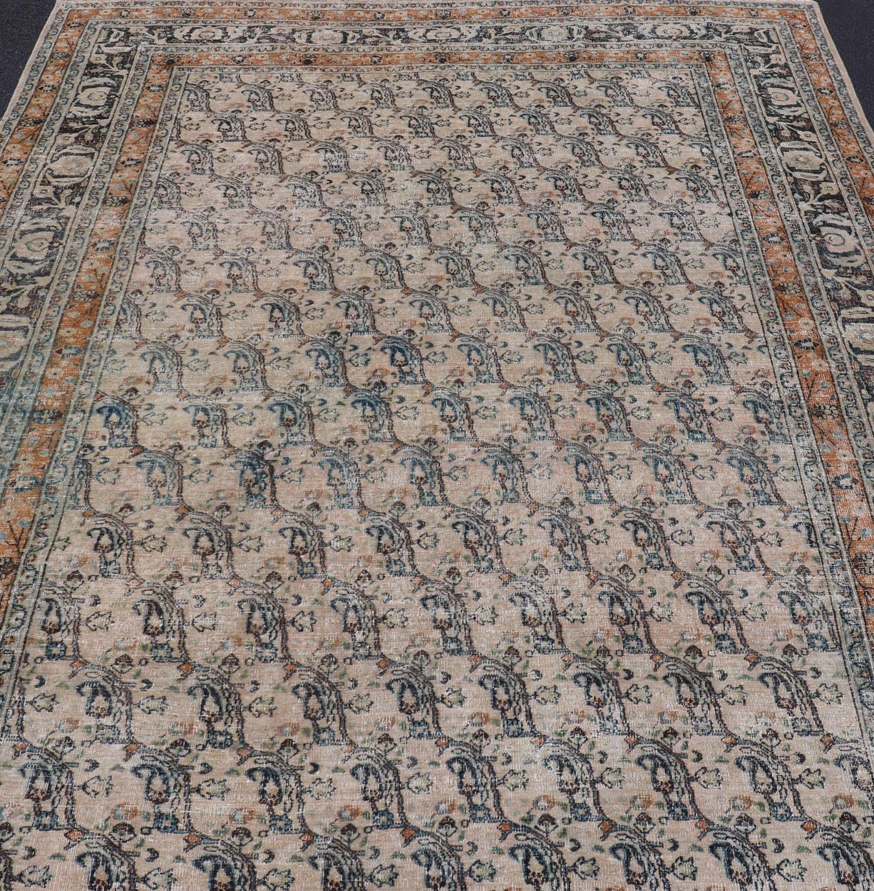 Antique Persian Khorassan Rug with Paisley's In Sub - Geometric Design with Blue. Keivan Woven Arts rug/EN - 14725, origin/ Iran / Khorassan. Measures: 8'0 x 10'10 This spectacular antique finely woven distressed Persian Khorasan from early 20th ce... - Keivan Woven ArtsEN - 14725 - 24754Rug
