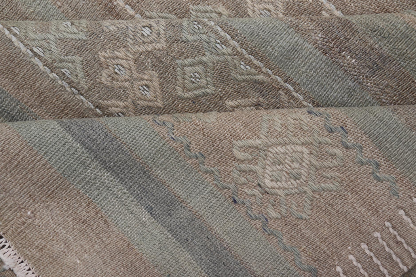 Large Vintage Turkish Kilim with Stripes in Taupe, Green, Tan, Cream and Brown. Keivan Woven Arts / rug EN - 14763, country of origin / type: Turkey / Kilim, circa Mid - 20th Century. Measures: 6'3 x 11'8 This vintage flat - woven Kilim galler... - Keivan Woven ArtsEN - 14763 - 23983Rug