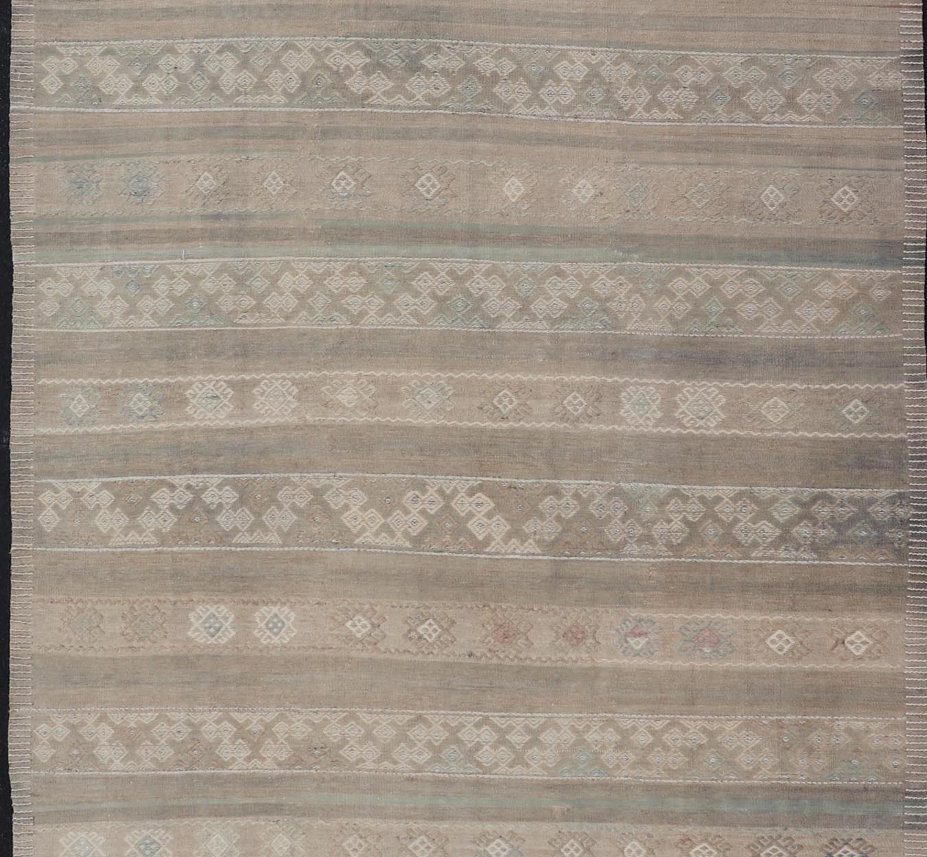 Large Vintage Turkish Kilim with Stripes in Taupe, Green, Tan, Cream and Brown. Keivan Woven Arts / rug EN - 14763, country of origin / type: Turkey / Kilim, circa Mid - 20th Century. Measures: 6'3 x 11'8 This vintage flat - woven Kilim galler... - Keivan Woven ArtsEN - 14763 - 23983Rug