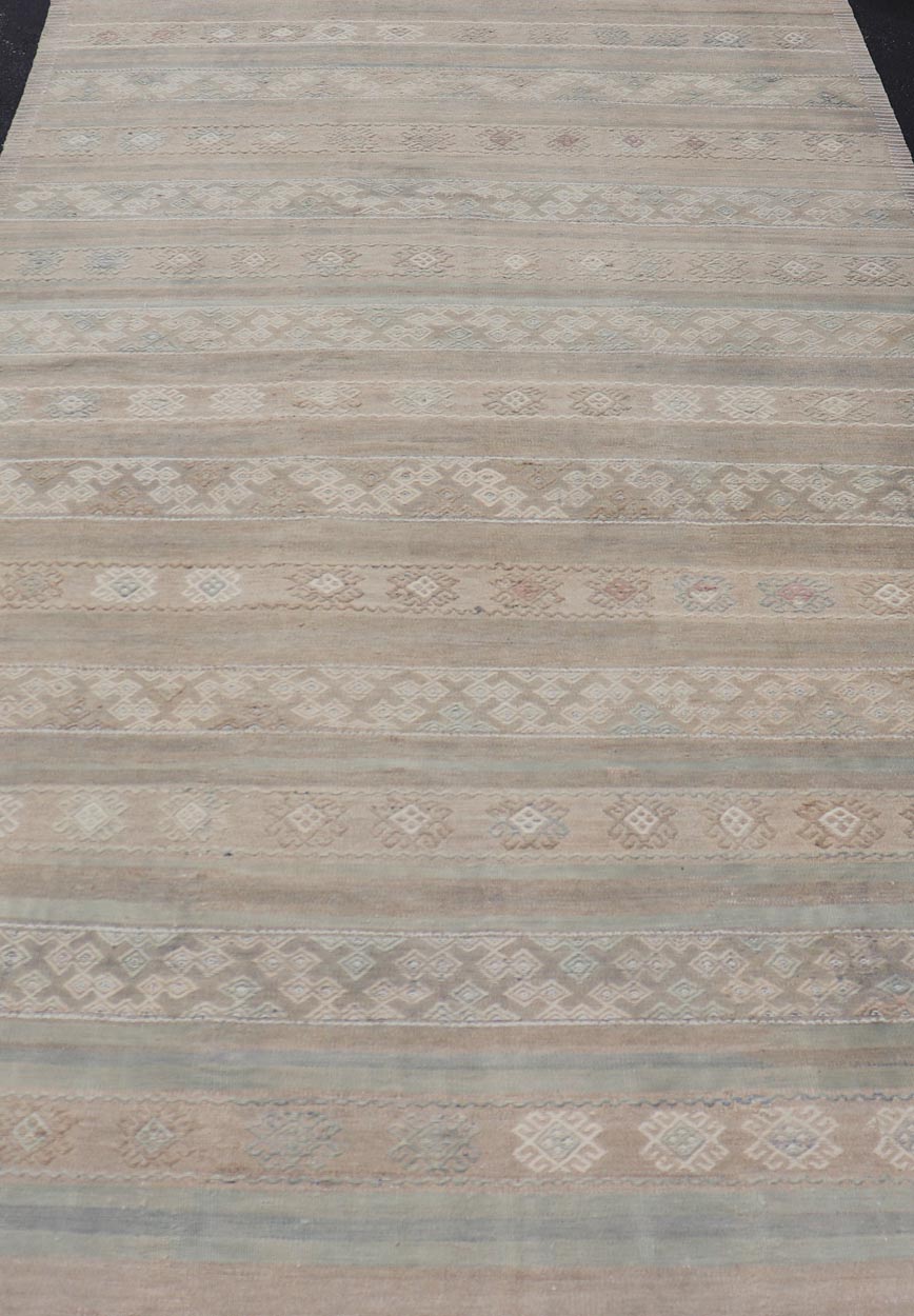 Large Vintage Turkish Kilim with Stripes in Taupe, Green, Tan, Cream and Brown. Keivan Woven Arts / rug EN - 14763, country of origin / type: Turkey / Kilim, circa Mid - 20th Century. Measures: 6'3 x 11'8 This vintage flat - woven Kilim galler... - Keivan Woven ArtsEN - 14763 - 23983Rug