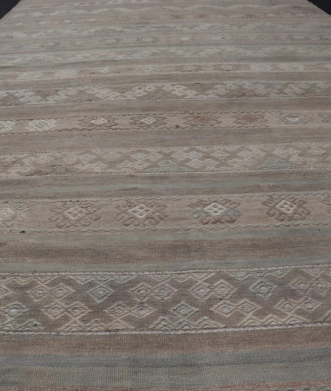 Large Vintage Turkish Kilim with Stripes in Taupe, Green, Tan, Cream and Brown. Keivan Woven Arts / rug EN - 14763, country of origin / type: Turkey / Kilim, circa Mid - 20th Century. Measures: 6'3 x 11'8 This vintage flat - woven Kilim galler... - Keivan Woven ArtsEN - 14763 - 23983Rug