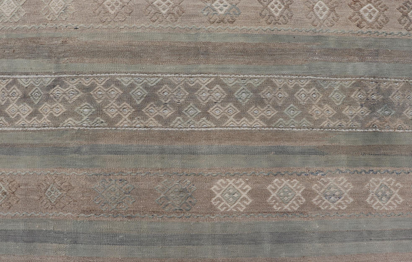 Large Vintage Turkish Kilim with Stripes in Taupe, Green, Tan, Cream and Brown. Keivan Woven Arts / rug EN - 14763, country of origin / type: Turkey / Kilim, circa Mid - 20th Century. Measures: 6'3 x 11'8 This vintage flat - woven Kilim galler... - Keivan Woven ArtsEN - 14763 - 23983Rug