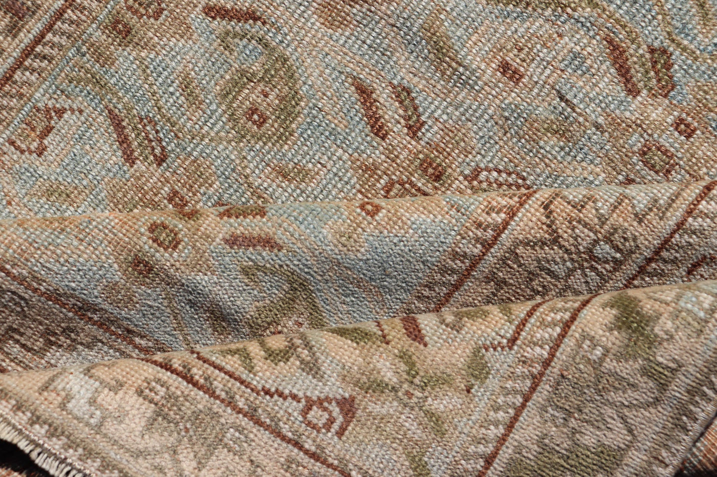 Measures: 3'8 x 4'10 Fine Persian Antique Afshar Rug in Green, Browns, and Blue Tribal Carpet. Keivan Woven Arts/ Rug/EN - 14884, Antique Afshar Early 20th Century rich symbolism, and fine intricacy contribute to the marvelous beauty of this ... - Keivan Woven ArtsEN - 14884 - 22974Rug