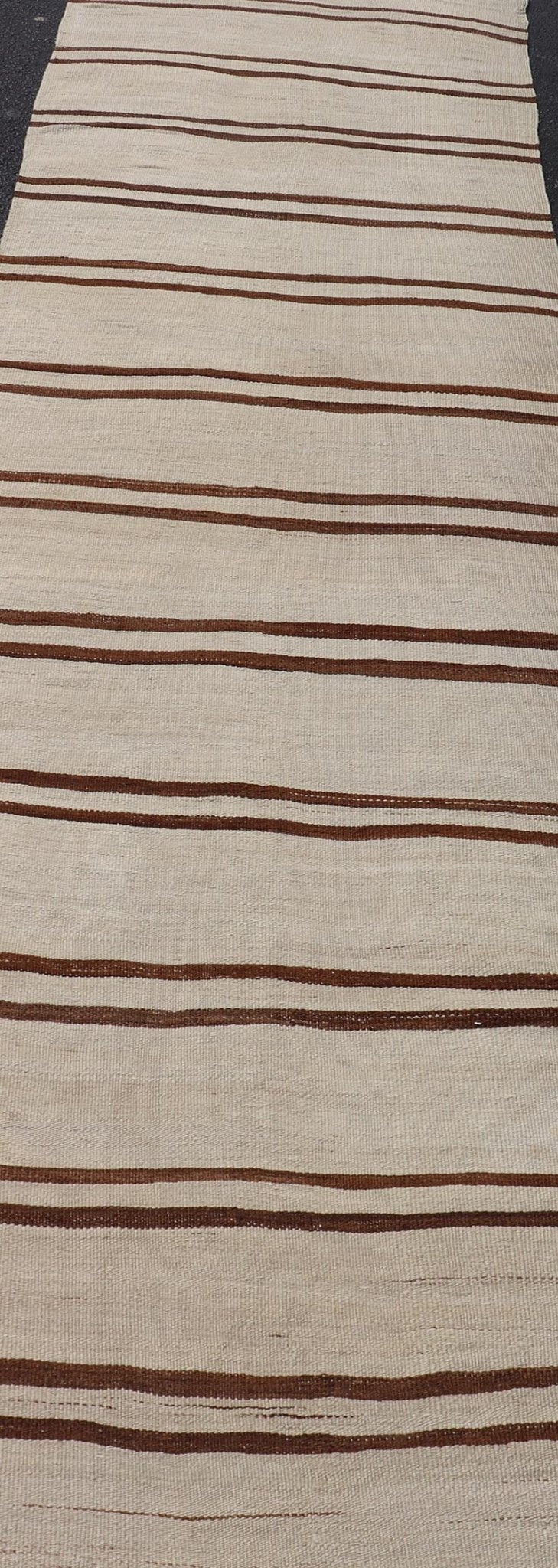 Minimalist Design Vintage Turkish Kilim Runner with Ivory, Brown and Off White. Keivan Woven Arts / rug EN - 14955, country of origin / type: Turkey / Kilim, circa 1950 Measures: 3'2 x 11'6 This vintage striped design Kilim from Turkey rendered in ... - Keivan Woven ArtsEN - 14955 - 24007Rug