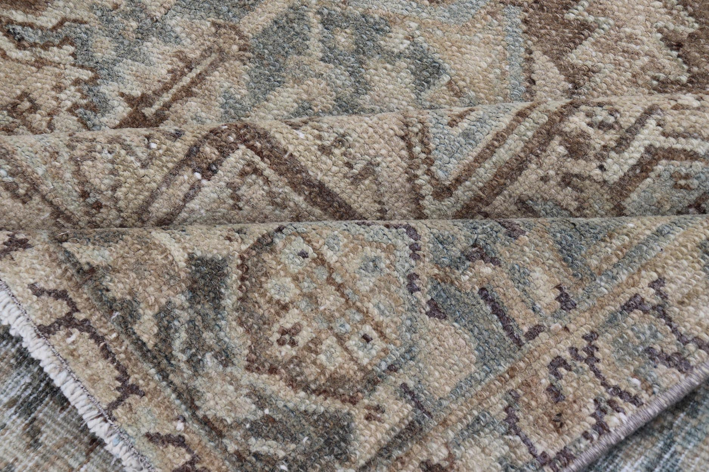 Square Antique Heriz Rug with Geometric Design in Blue's, Tan, Cream, and Brown. Keivan Woven Arts / rug EN - 15000, country of origin / type: Iran / Heriz, circa 1930 Measures: 7'6 x 8'5 This square Persian Heriz carpet bears an exqui... - Keivan Woven ArtsEN - 15000 - 23672Rug