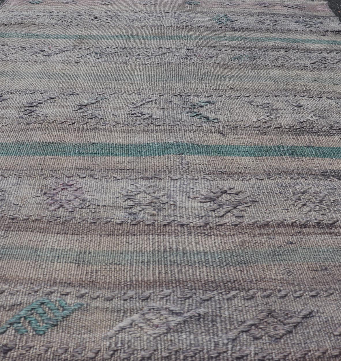 Vintage Kilim Rug in Stripe design by Keivan Woven Arts Measures: 3' X 4'8 This remarkable Turkish kilim with embroideries features stripe pattern and soft tones. the rich tradition of Kilim weaving in central Anatolian region goes bac... - Keivan Woven ArtsEN - 1501 - 27490Rug