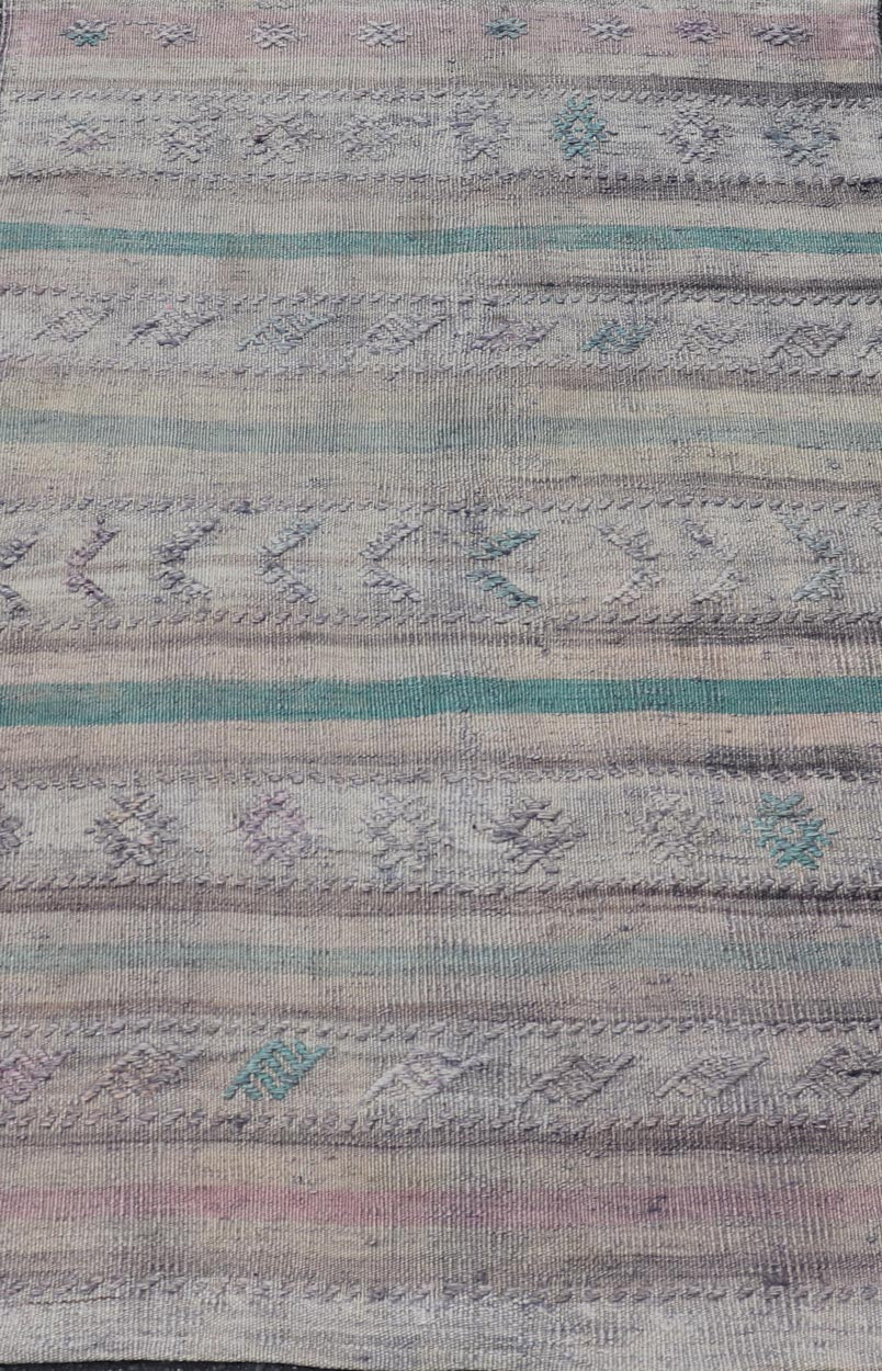 Vintage Kilim Rug in Stripe design by Keivan Woven Arts Measures: 3' X 4'8 This remarkable Turkish kilim with embroideries features stripe pattern and soft tones. the rich tradition of Kilim weaving in central Anatolian region goes bac... - Keivan Woven ArtsEN - 1501 - 27490Rug