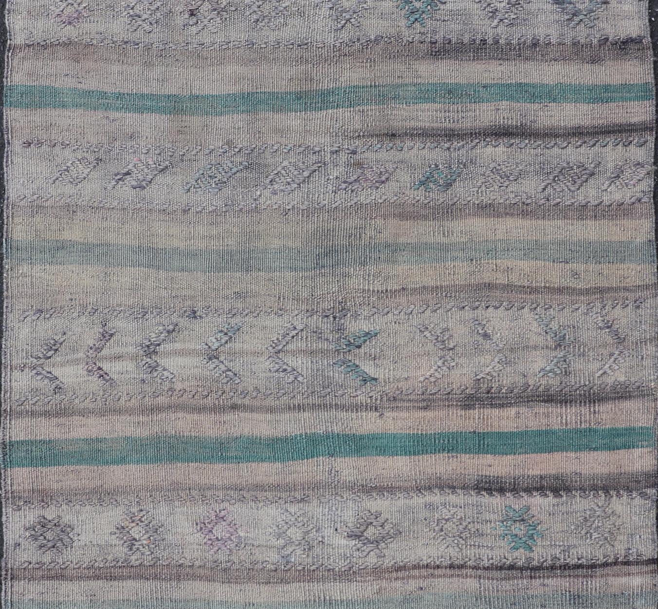 Vintage Kilim Rug in Stripe design by Keivan Woven Arts Measures: 3' X 4'8 This remarkable Turkish kilim with embroideries features stripe pattern and soft tones. the rich tradition of Kilim weaving in central Anatolian region goes bac... - Keivan Woven ArtsEN - 1501 - 27490Rug