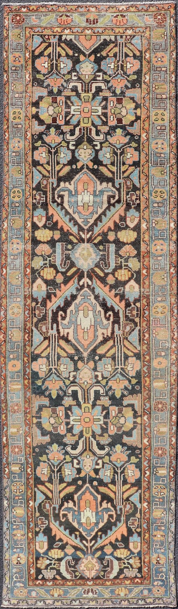 Measures: 2'6 x 9'4 Antique Persian Keivan Woven Arts Hamedan Runner With Tribal Motifs in Pastel Colors. Keivan Woven Arts / rug EN - 15119, country of origin / type: Iran / Hamadan, circa 1910 This antique Persian hamadan runner, from wester... - Keivan Woven ArtsEN - 15119 - 21865Rug