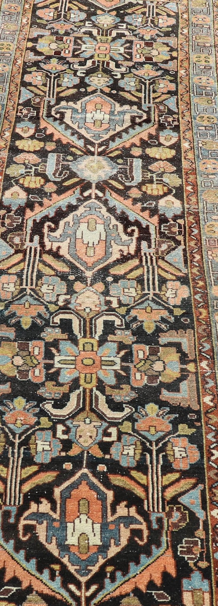 Measures: 2'6 x 9'4 Antique Persian Keivan Woven Arts Hamedan Runner With Tribal Motifs in Pastel Colors. Keivan Woven Arts / rug EN - 15119, country of origin / type: Iran / Hamadan, circa 1910 This antique Persian hamadan runner, from wester... - Keivan Woven ArtsEN - 15119 - 21865Rug