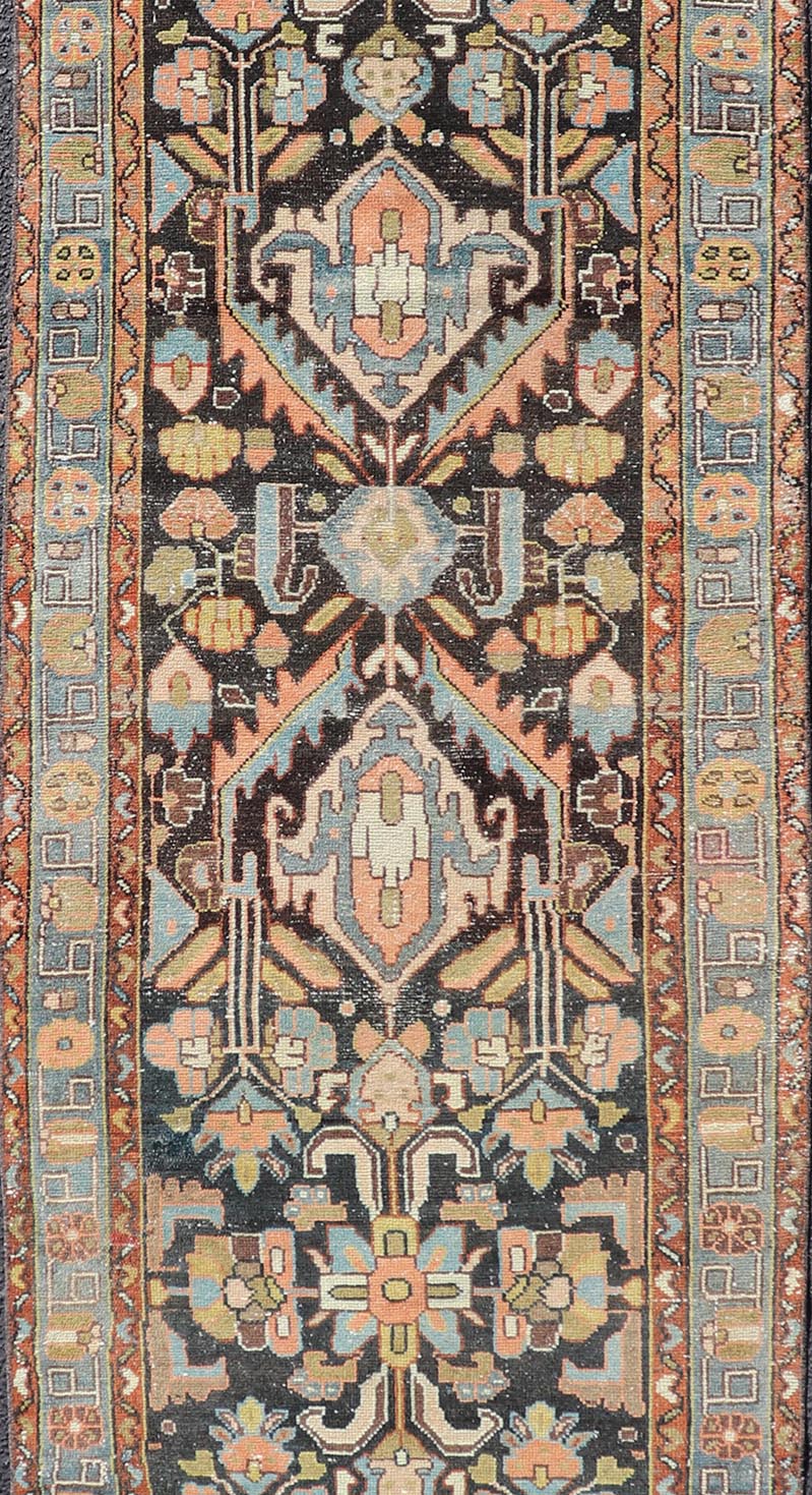 Measures: 2'6 x 9'4 Antique Persian Keivan Woven Arts Hamedan Runner With Tribal Motifs in Pastel Colors. Keivan Woven Arts / rug EN - 15119, country of origin / type: Iran / Hamadan, circa 1910 This antique Persian hamadan runner, from wester... - Keivan Woven ArtsEN - 15119 - 21865Rug