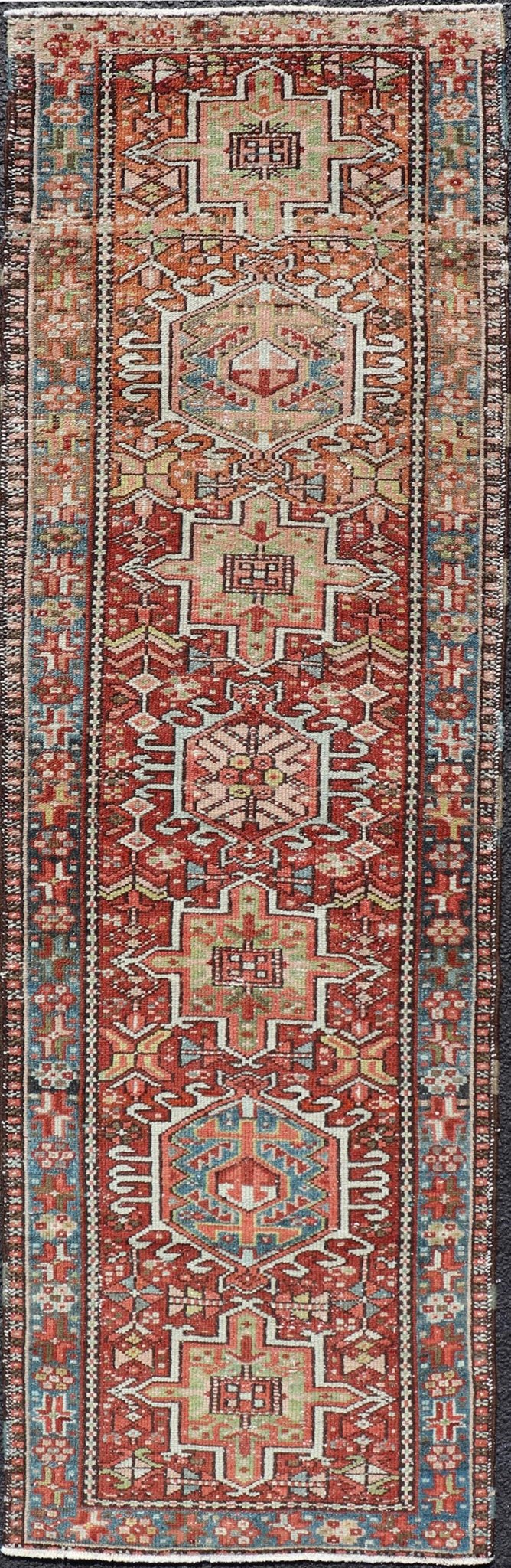 Measures: 1'10 x 6'0 Persian Antique Heriz Distressed Small Runner with Geometrics in Multi - Color. Keivan Woven Arts / rug EN - 15150, country of origin / type: Iran / Heriz, circa 1920 This antique Persian Heriz runner, from northwest Iran, di... - Keivan Woven ArtsEN - 15150 - 21871Rug