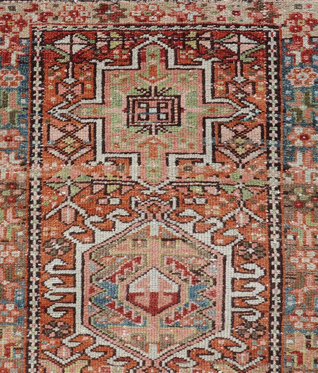 Measures: 1'10 x 6'0 Persian Antique Heriz Distressed Small Runner with Geometrics in Multi - Color. Keivan Woven Arts / rug EN - 15150, country of origin / type: Iran / Heriz, circa 1920 This antique Persian Heriz runner, from northwest Iran, di... - Keivan Woven ArtsEN - 15150 - 21871Rug