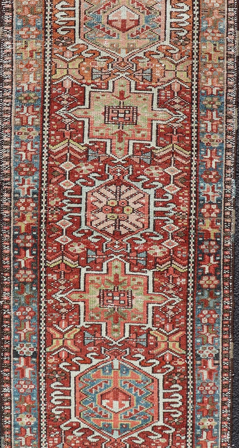 Measures: 1'10 x 6'0 Persian Antique Heriz Distressed Small Runner with Geometrics in Multi - Color. Keivan Woven Arts / rug EN - 15150, country of origin / type: Iran / Heriz, circa 1920 This antique Persian Heriz runner, from northwest Iran, di... - Keivan Woven ArtsEN - 15150 - 21871Rug