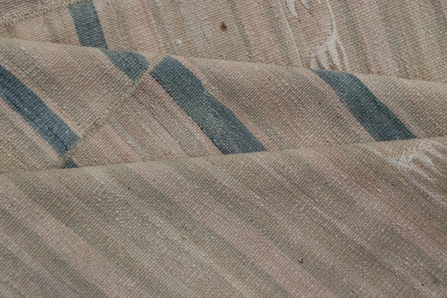 Measures: 8'11 x 12'6 Turkish Vintage Paneled Kilim Vintage Rug in Muted Colors With Blue Highlights. Keivan Woven Arts / rug EN - 15163 country of origin / type: Turkey / Kilim, circa mid - 20th century - Keivan Woven ArtsEN - 15163 - 22854Rug