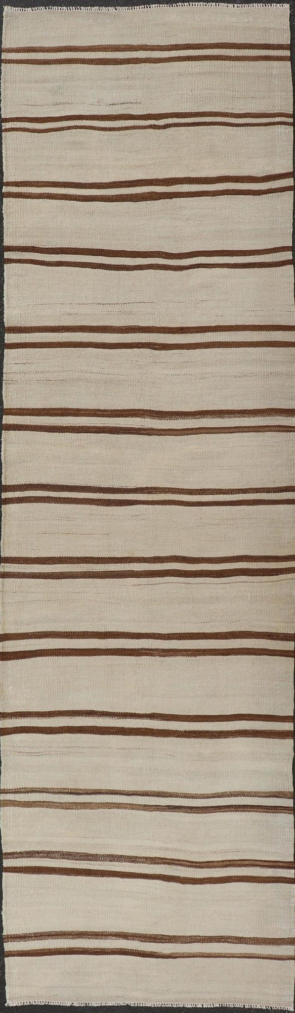 Minimalist Design Vintage Kilim Runner with Stripes in Brown and Ivory. Keivan Woven Arts / rug EN - 15171, country of origin / type: Turkey / Kilim, circa 1950 Measures: 3'2 x 11'9 This vintage flat - woven kilim runner features a minimalist de... - Keivan Woven ArtsEN - 15171 - 24025Rug