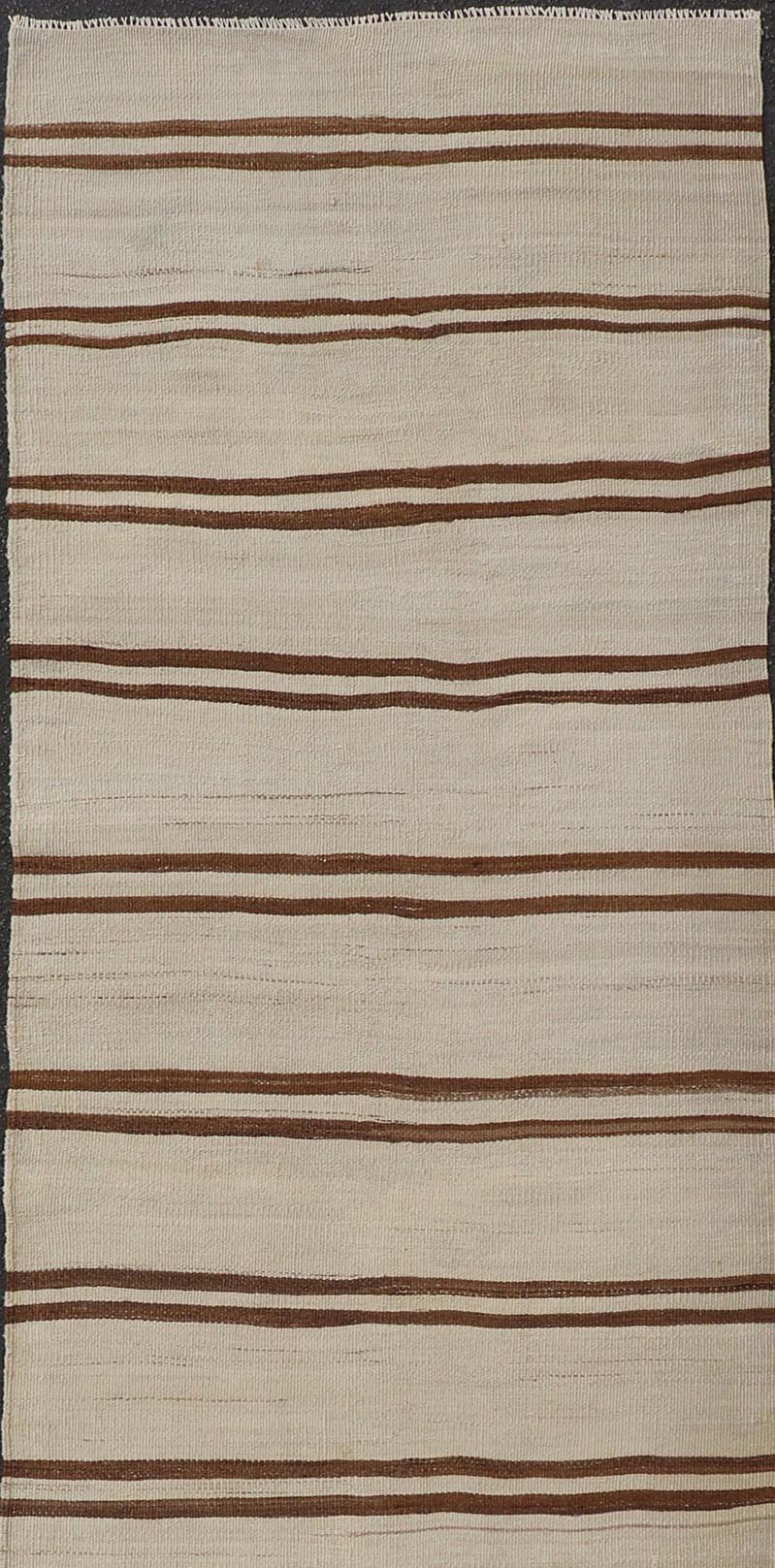Minimalist Design Vintage Kilim Runner with Stripes in Brown and Ivory. Keivan Woven Arts / rug EN - 15171, country of origin / type: Turkey / Kilim, circa 1950 Measures: 3'2 x 11'9 This vintage flat - woven kilim runner features a minimalist de... - Keivan Woven ArtsEN - 15171 - 24025Rug