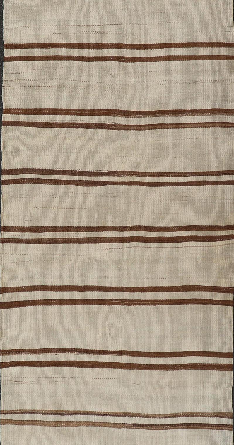 Minimalist Design Vintage Kilim Runner with Stripes in Brown and Ivory. Keivan Woven Arts / rug EN - 15171, country of origin / type: Turkey / Kilim, circa 1950 Measures: 3'2 x 11'9 This vintage flat - woven kilim runner features a minimalist de... - Keivan Woven ArtsEN - 15171 - 24025Rug