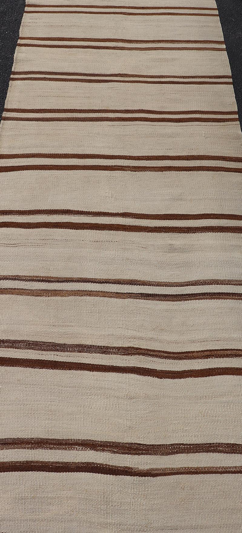 Minimalist Design Vintage Kilim Runner with Stripes in Brown and Ivory. Keivan Woven Arts / rug EN - 15171, country of origin / type: Turkey / Kilim, circa 1950 Measures: 3'2 x 11'9 This vintage flat - woven kilim runner features a minimalist de... - Keivan Woven ArtsEN - 15171 - 24025Rug