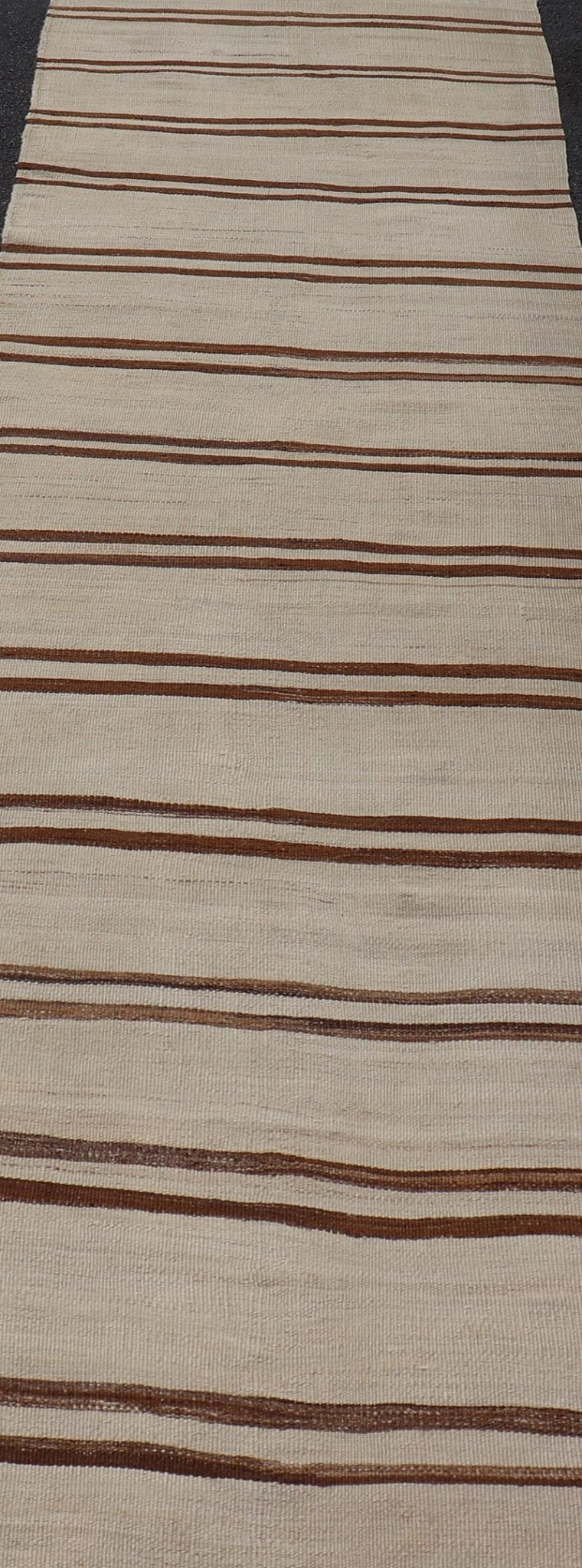 Minimalist Design Vintage Kilim Runner with Stripes in Brown and Ivory. Keivan Woven Arts / rug EN - 15171, country of origin / type: Turkey / Kilim, circa 1950 Measures: 3'2 x 11'9 This vintage flat - woven kilim runner features a minimalist de... - Keivan Woven ArtsEN - 15171 - 24025Rug