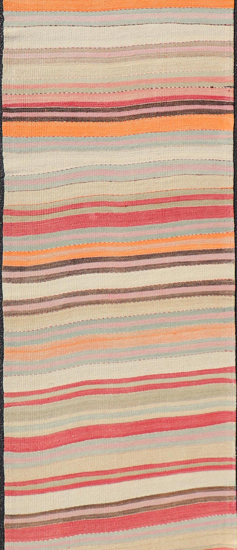 Vintage Kilim Runner with Horizontal Stripes in Pastel Vivid Colors. Keivan Woven Arts / rug EN - 15174, country of origin / type: Turkey / Kilim, circa mid - 20th century Measures: 2'8 x 13'6 Featuring a repeating horizontal stripe design, this uniq... - Keivan Woven ArtsEN - 15174 - 23595Rug