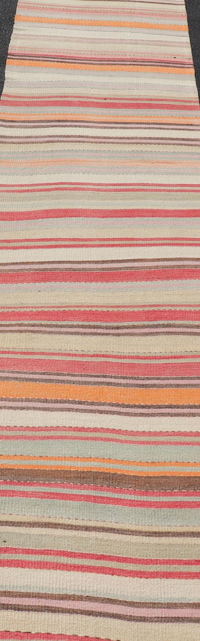Vintage Kilim Runner with Horizontal Stripes in Pastel Vivid Colors. Keivan Woven Arts / rug EN - 15174, country of origin / type: Turkey / Kilim, circa mid - 20th century Measures: 2'8 x 13'6 Featuring a repeating horizontal stripe design, this uniq... - Keivan Woven ArtsEN - 15174 - 23595Rug