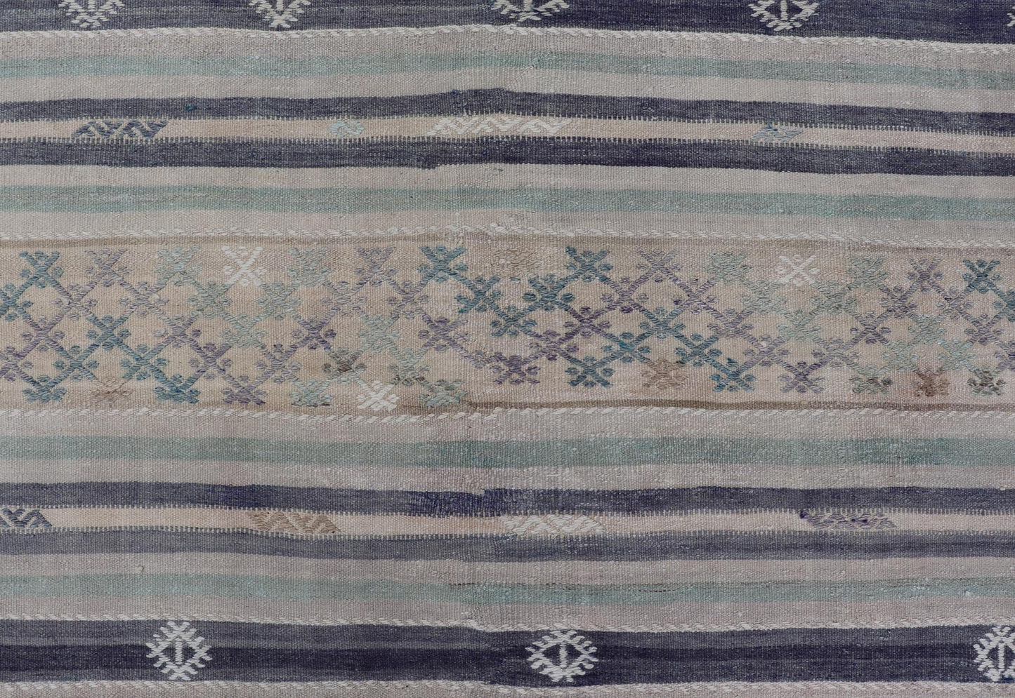 Vintage Turkish Flat - Weave L. teal, Taupe, butter, Lavender & Ink Blue. Keivan Woven Arts / rug/EN - 15179, country of origin / type: Turkey / Kilim, circa 1950 Measures: 5'6 x 8'0 This vintage flat - woven Kilim features a minimalist design... - Keivan Woven ArtsEN - 15179 - 24037Rug