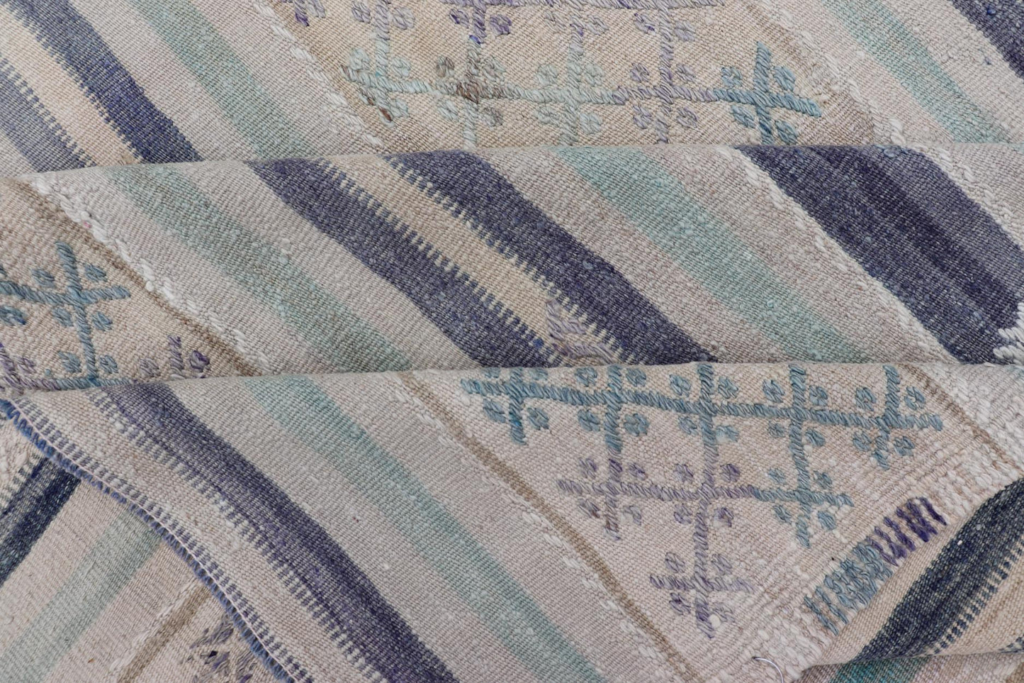 Vintage Turkish Flat - Weave L. teal, Taupe, butter, Lavender & Ink Blue. Keivan Woven Arts / rug/EN - 15179, country of origin / type: Turkey / Kilim, circa 1950 Measures: 5'6 x 8'0 This vintage flat - woven Kilim features a minimalist design... - Keivan Woven ArtsEN - 15179 - 24037Rug