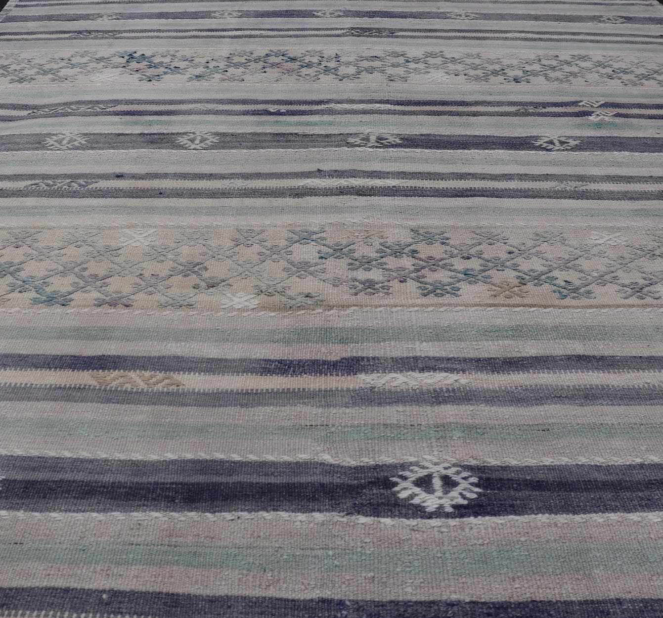 Vintage Turkish Flat - Weave L. teal, Taupe, butter, Lavender & Ink Blue. Keivan Woven Arts / rug/EN - 15179, country of origin / type: Turkey / Kilim, circa 1950 Measures: 5'6 x 8'0 This vintage flat - woven Kilim features a minimalist design... - Keivan Woven ArtsEN - 15179 - 24037Rug
